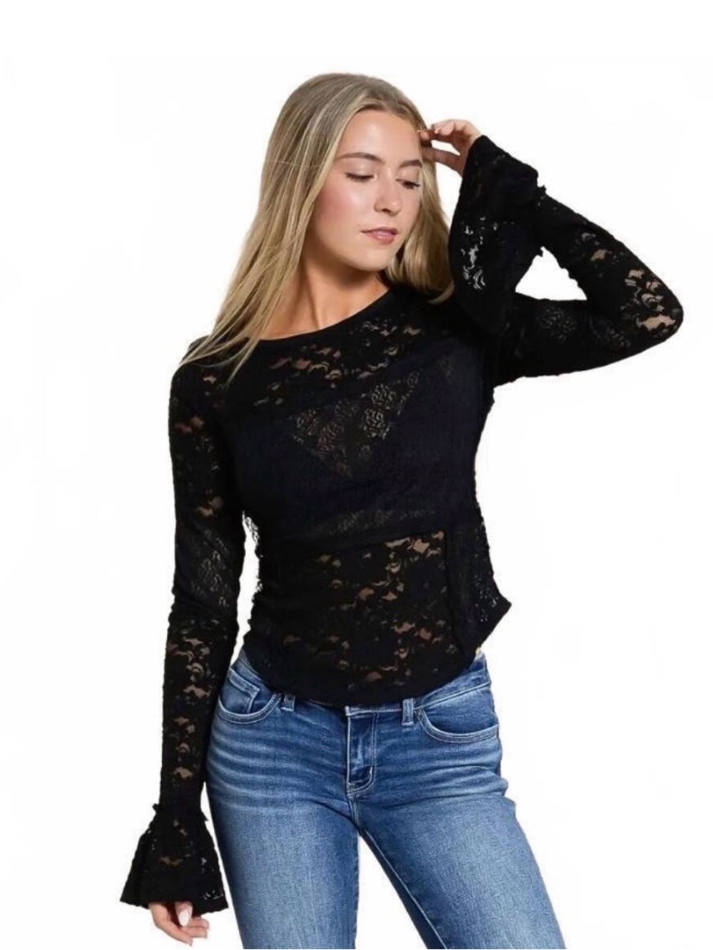 Free People Black Lace Bell Cuff Long Sleeve Top